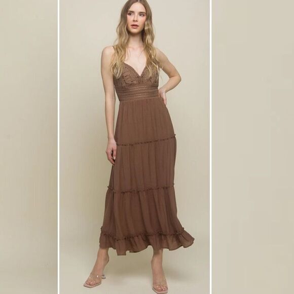 Love Tree Cocoa Crochet Lace Detail Boho Tiered Ruffle Dress - Picture 1 of 10